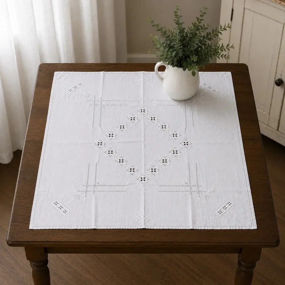 Vintage White Cutwork Embroidered Cotton Table Covering Cottage Farmhouse 32X32